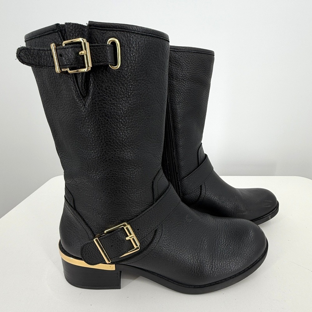 Vince Camuto Whyla Black Leather Gold Hardware Moto Bootie Womens Size 8 M